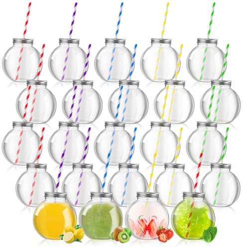 Multicolor 24 Pcs Mini Plastic Fish Bowl Cups with Lids & Straws - 10 oz Party Drinkware