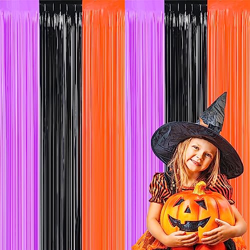 Halloween Tinsel Foil Curtain Set - Black, Orange & Purple, 3.3x6.6ft, Photo Booth Backdrop - Variation of Black Purple and Orange