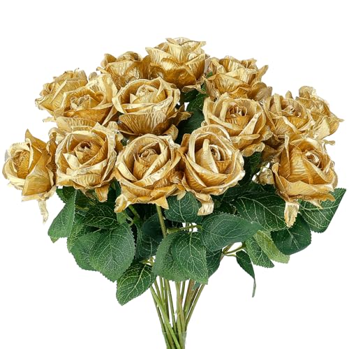Gold Artificial Roses Bouquet - 14 Silk Roses with Bendable Stems