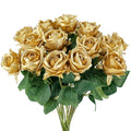 Gold Artificial Roses Bouquet - 14 Silk Roses with Bendable Stems