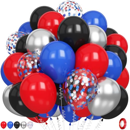 Red Blue Black Silver Balloons Set - 60PCS Party Decorations with Confetti Balloons & Ribbon