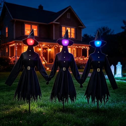 Light Up Halloween Witches Set of 3 - 4.9FT Outdoor Yard Decorations with Sound