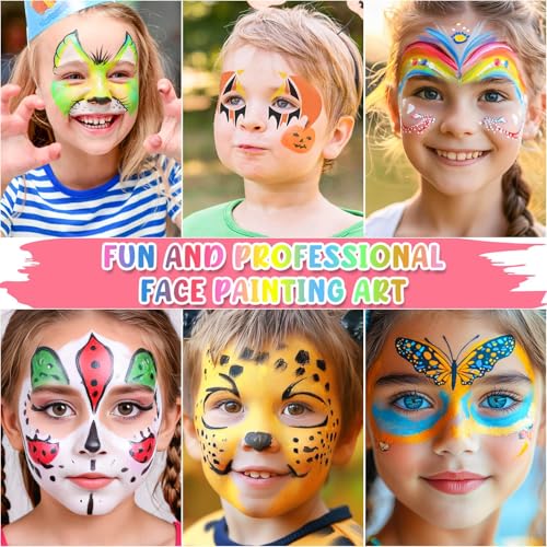 Kids Face Paint Kit with 26 Colors, Stencils, Glitter & Gems for Parties