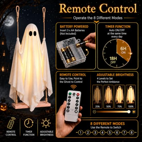 5FT Outdoor Hanging Ghost Swing Decor with Lights and Remote Timer