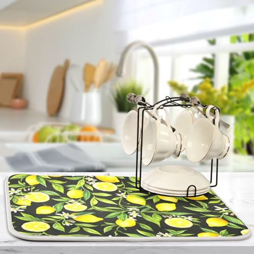 Yellow Lemon on Black Dish Drying Mat - 18x24 Inch Microfiber Kitchen Counter Protector
