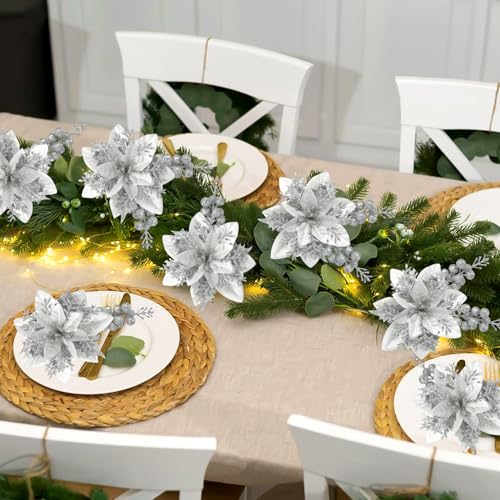 Christmas Glitter Poinsettia Ornaments Set - Silver, 50pcs with Clips & Stems