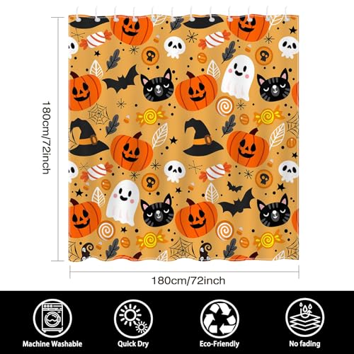 Halloween Shower Curtain 72x72 Inch - Cute Orange Bat Theme Waterproof Polyester