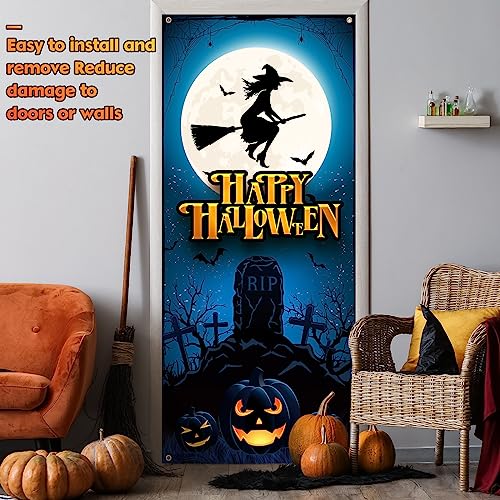Panelee Halloween Skeleton Witch Window Cover - 79x35 Inches Party Backdrop with Moon Variation