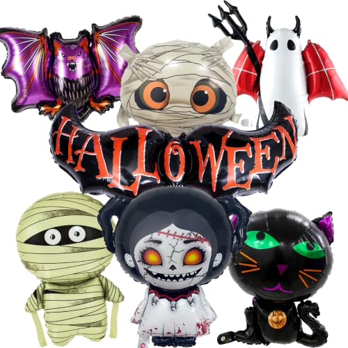 Halloween Balloons Pack with Bat Mummy Ghost Cat & Horror Doll Foil Balloons - Indoor Outdoor Decorations