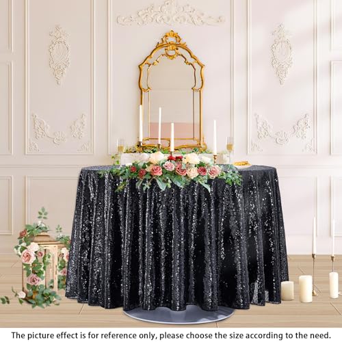 QueenDream Black Sequin Round Tablecloth 120 Inch - Glitter Party Decor