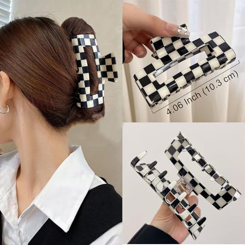 Checkered Rectangle Hair Claw Clips - Large Acrylic Multicolored Barrettes, Strong Hold, Non-Slip, Pattern D