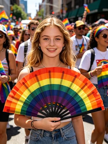 Rainbow Pride Hand Fan - Large Foldable LGBTQ Festival & Parade Fans - Black / 1