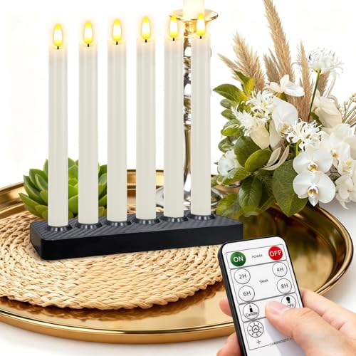 Rechargeable Flameless Taper Candles with Charging Base - White Wave 6 Pack