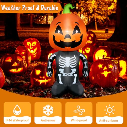 4FT Inflatable Skeleton with Pumpkin Head Halloween Decor Lighted Indoor Outdoor