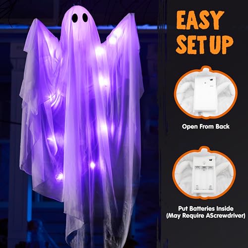 Purple 47-Inch Light-Up Hanging Ghost Decorations - Halloween Outdoor Yard Decor Set of 2