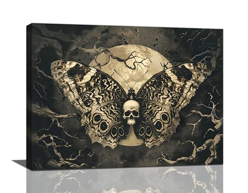Gothic Skull Wall Art Canvas - Spooky Skeleton Butterfly Decor 16x12 Inch - Halloween Home Artwork