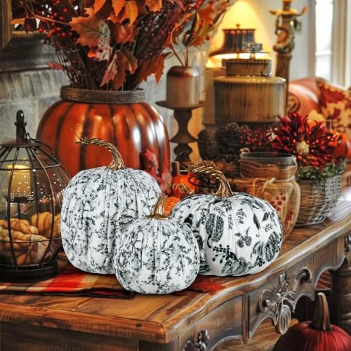 Set of 3 Velvet Fake Pumpkins - Black and White Fall Decor for Home Indoor