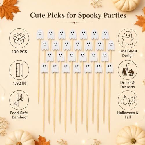 White Ghost Bamboo Cocktail Picks - 100 Pcs Halloween Party Appetizers