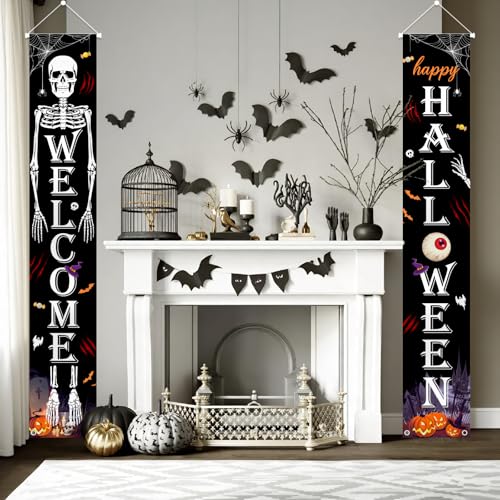 Halloween Skeleton Pumpkin Porch Banner Sign - Spooky Front Door Decor