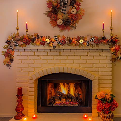 6 Ft Fall Garland Decor with Pumpkins Maple Leaves & Pine Cones for Indoor Outdoor Home Decoration