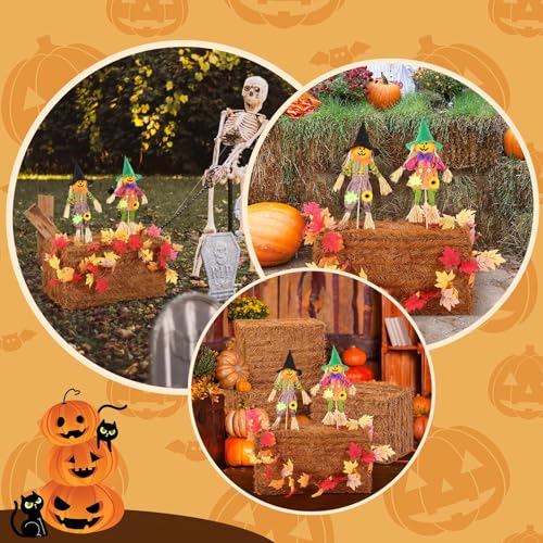 Fall Thanksgiving Hay Bales Set with Scarecrow & Maple Leaf Garland - Weatherproof Decor