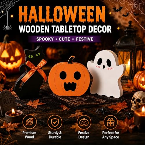 3-Piece Indoor Halloween Tabletop Decor Set - Cute Ghost, Pumpkin & Black Cat Signs