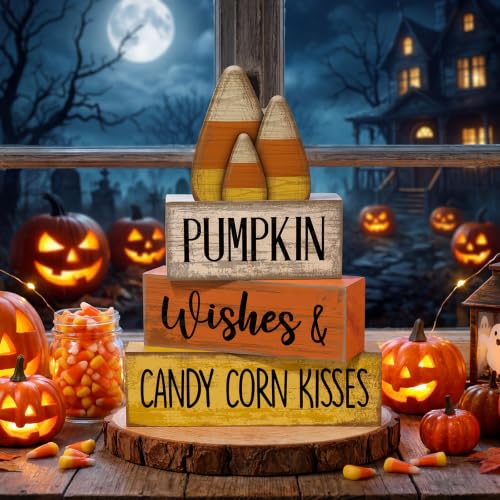 Candy Corn Fall Wooden Decor Set - 4 Pcs Autumn Thanksgiving Home Accent