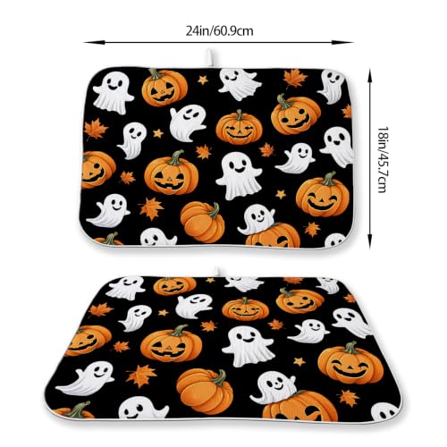 Halloween Dish Drying Mat 18x24 Inch Ghost Pumpkin Black Fall Decor Absorbent Kitchen Pad - Variations Available