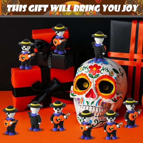 Day of the Dead Skeleton Figurines Set - 50 Mini Mariachi Skeleton Statues with Guitars - Halloween Decor