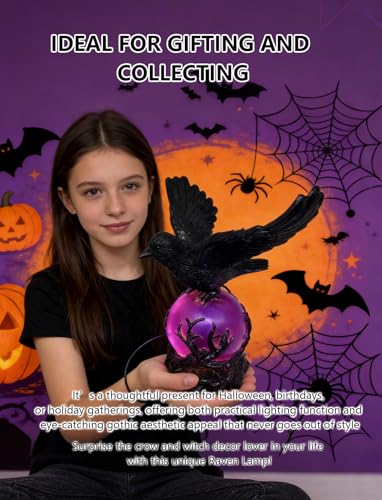 Gothic Raven Night Light - Resin Crow Figurine Lamp, Witch Decor - Birds-A-Large