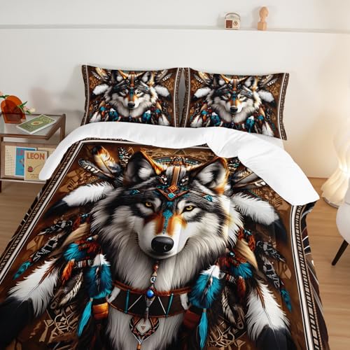 Wolf Twin Comforter Bedding Set with Pillowcases - Brown, Animal Decor