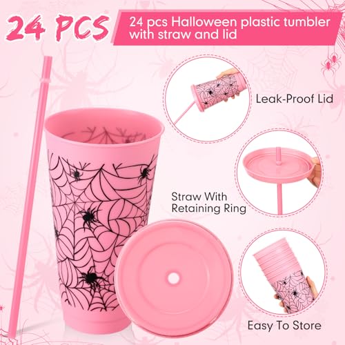 Pink Halloween Spiderweb Plastic Cups Bulk with Lids & Straws - 24 oz, Variation: Spiderweb/Pink
