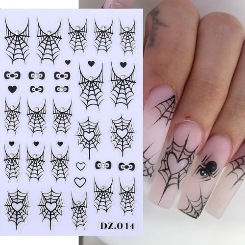 Halloween Nail Stickers 3D Self-Adhesive Nail Decals Love Spider Web - Gold Black White Rainbow, 5 Sheets