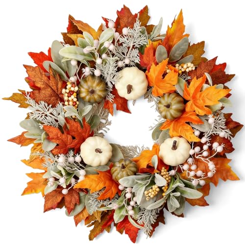 Artificial Fall Wreath 22 Inch Autumn Harvest Decor for Front Door and Wall