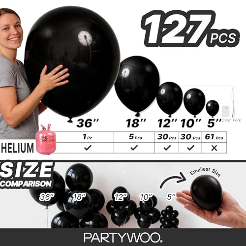 PartyWoo Black Balloons 127pcs Latex Balloon Set - Different Sizes, Matte Finish, Black-y18 / PRO Variation