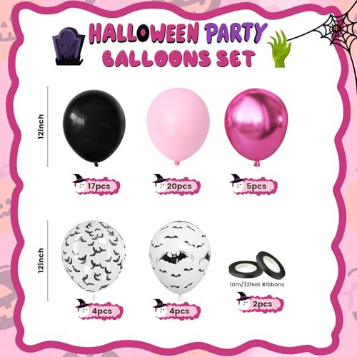 Halloween Balloons Set - Pink Black Bat Variation, 50 Pcs Spooky Party Decorations
