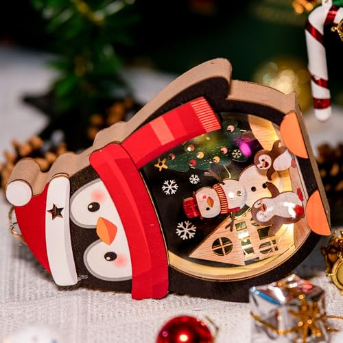 Penguin Christmas Ornament with Wooden Snowman Scene - Black Variation