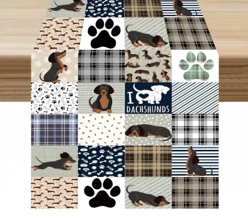 Dachshund Pattern Table Runner - Grey & Blue-Brown Plaid Dog Decor, 13x36in