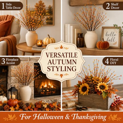 Fall Berry Stems Faux Autumn Flowers with Orange Yellow Berries - Rustic Fall Decor