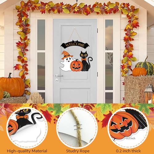 Halloween Door Hanging Sign Ghost Black Cat Pumpkin Welcome - White & Black