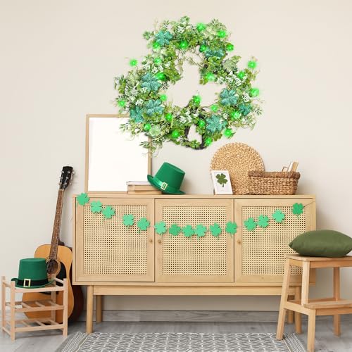 Green 15-Inch Shamrocks Wreath for St. Patrick's Day Front Door Decor - Artificial Clover Garland
