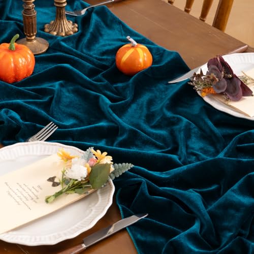 Peacock Blue Velvet Table Runner - Fall Boho Wedding Home Decor - 10ft