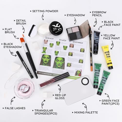 Witch Makeup Kit for Halloween Face Paint SFX Costume - Green Face Paint, Brushes, Lashes