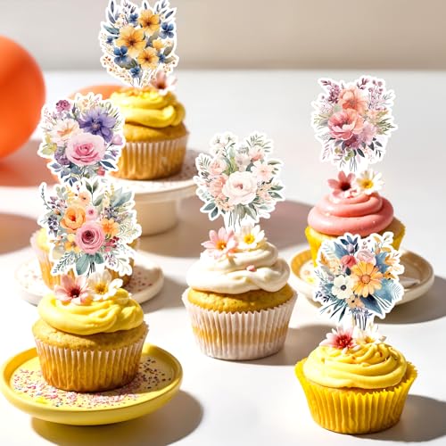 Wildflower Baby in Bloom Floral Cupcake Toppers - 40 Pack, Ready to Use