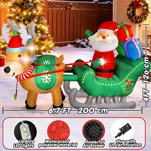 Inflatable Santa Sleigh with Reindeer - 6.7FT Christmas Yard Decor with LED Lights