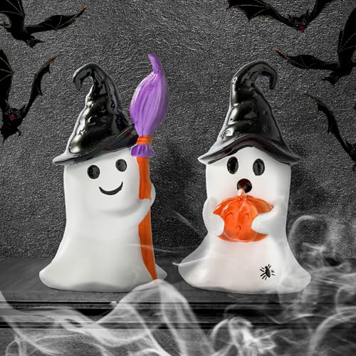 Halloween Ghost Figurines Set of 2 - Indoor Table Decor, White Black Orange Variations