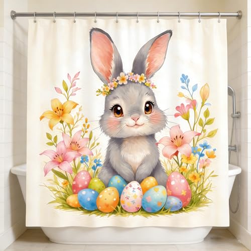 Multicolor Easter Shower Curtain Set - 72x72 Inch Waterproof Bunny & Flowers Bathroom Decor