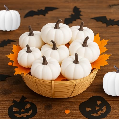 24 Pack White Artificial Pumpkins for Fall Decor, Rustic Foam Halloween & Thanksgiving Centerpieces