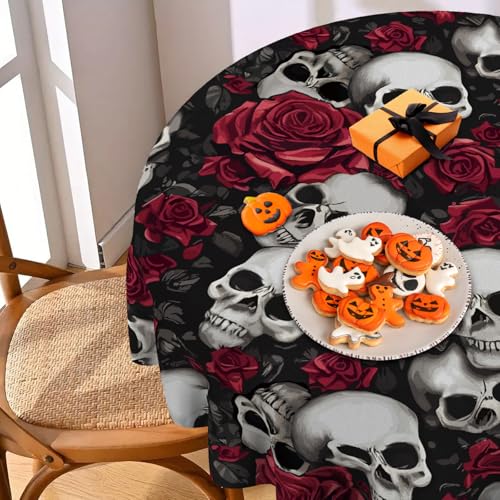 Halloween Gothic Skull Rose Round Tablecloth 70 Inches - Spooky Party Decor