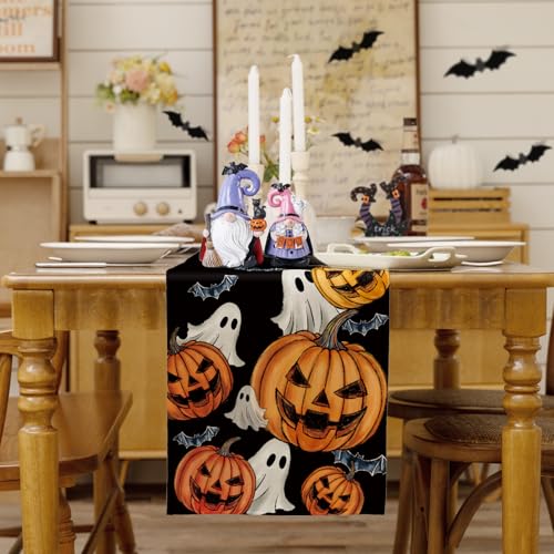 Halloween Ghost Pumpkin Boo Spider Web Table Runner 13x90 Inch - Seasonal Fall Decor